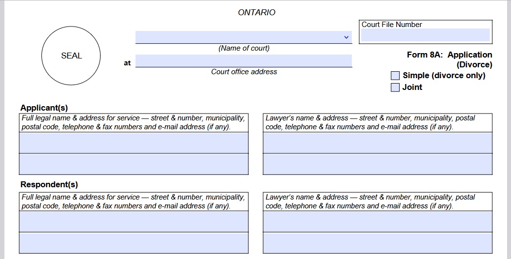 Form 8A: Application of Divorce